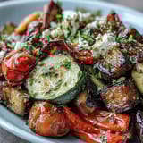 Colorful Roasted Mediterranean Greek Vegetables served warm from the oven with Kalamata olives and lemon on a rustic platter.