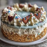 Thick creamy cheesecake and whipped frosting sit atop a buttery graham cracker crust with colorful hearts.  