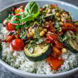 A vibrant Summer Vegetable Bowl with sautéed zucchini, tomatoes, and bell peppers served over fluffy rice, garnished with fresh basil.