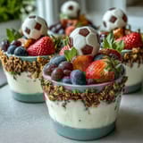 Soccer Team Snack Cups with Fruit and Granola in clear cups topped with soccer ball decorations