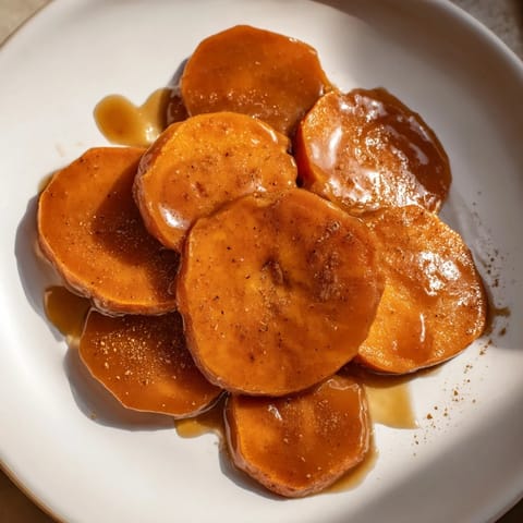 Close-up of baked candied yams, showing tender sweet potatoes glistening under a sweet, caramelized glaze.