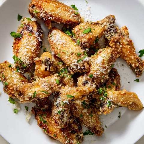 Fragrant, glistening Garlic Parmesan Wings, tossed in garlic butter, sprinkled with fresh parsley.