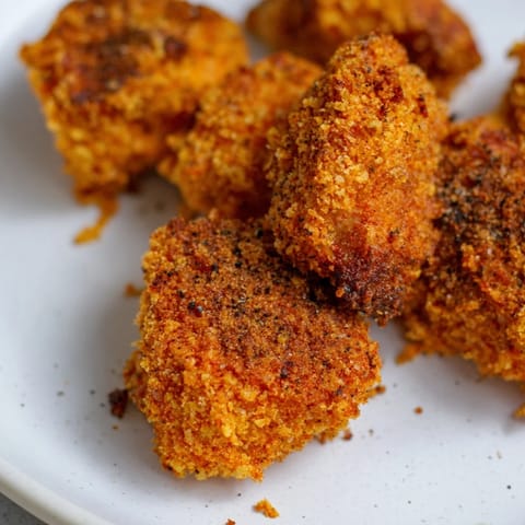 Delicious, homemade chicken nuggets boasting a perfectly crunchy breading, ready to dip in your favorite sauce.