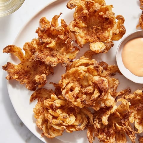 A close-up view of beautifully bloomed Onion Petals, promising a savory, shareable appetizer.