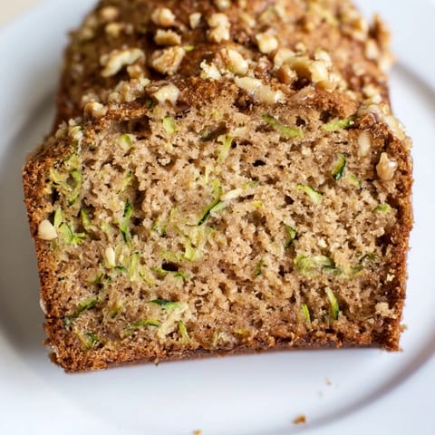 Homemade zucchini bread, still warm, studded with crunchy walnuts, perfect for breakfast.