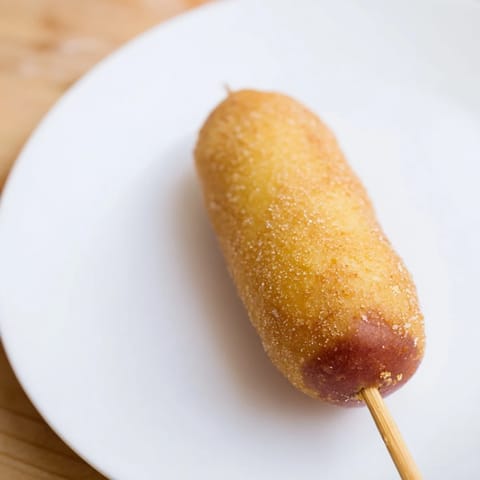 A close-up of freshly cooked corn dogs, perfect handheld snacks with ketchup and mustard.