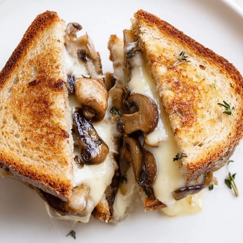 A freshly grilled Mushroom Swiss Grilled Cheese sandwich rests on a wooden board, ready to be dipped into a bowl of tomato soup.