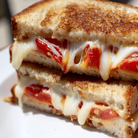 A close-up of a Pepper Jack & Tomato Grilled Cheese, featuring melted cheese and fresh tomatoes on toasted jalapeño bread, ready to eat.  