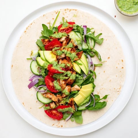 Brightly colored Chimichurri Chicken Salad Wrap filled with juicy grilled chicken, crisp greens, and fresh vegetables on a wooden cutting board.