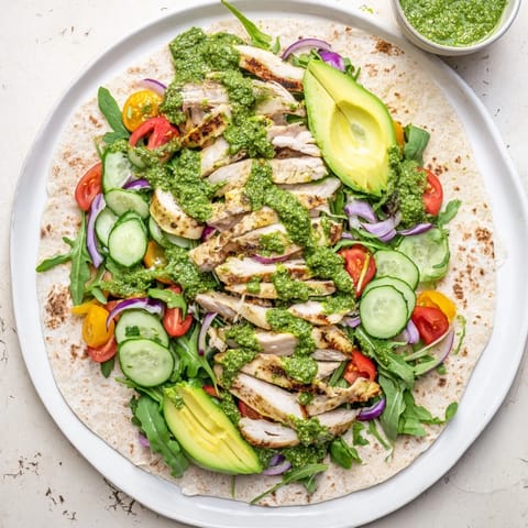 Sliced Chimichurri Chicken Salad Wrap shows herb-packed greens, red onion, and avocado tucked into a soft flour tortilla.