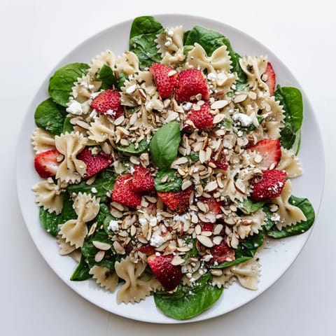Perfect for a spring gathering, this colorful Spring Spinach Strawberry Pasta Salad features juicy strawberries and crumbled feta cheese atop a bed of greens and pasta. A wine glass sits nearby.