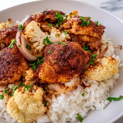 Golden roasted cauliflower florets and tender chicken thighs seasoned with smoked paprika and cumin, served over fluffy basmati rice.
