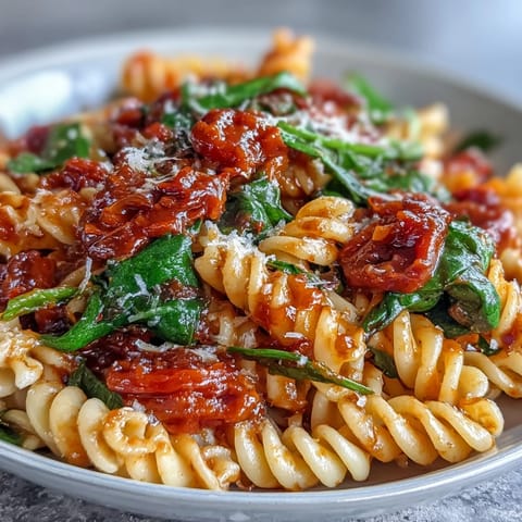 Steam rises from a hearty pot of Tomato Spinach One-Pot Rotini, showcasing tender rotini coated in a savory tomato broth.
