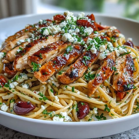 A vibrant plate of Greek Chicken Spaghetti, bursting with fresh tomatoes and briny olives.