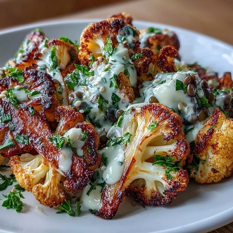 A platter of roasted cauliflower with lemon lentil cumin tahini yogurt is served with lemon wedges, parsley, and sesame seeds for a vibrant, gut-healthy vegetarian dinner.
