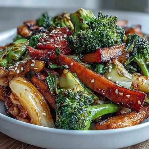 Bright, colorful stir-fry bowl of Comforting Fermented Veggie Winter Stir-Fry, featuring crisp broccoli, carrots, and kimchi, garnished with green onions and sesame seeds.