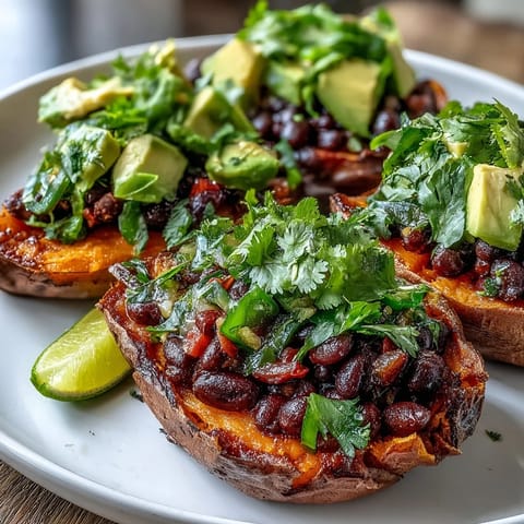 The roasted sweet potatoes with chipotle black beans and zesty tomato salsa topped with fresh avocado and cilantro garnish.  