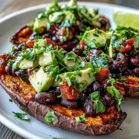 Roasted sweet potatoes with chipotle black beans and zesty tomato salsa ready to serve with lime wedges.  