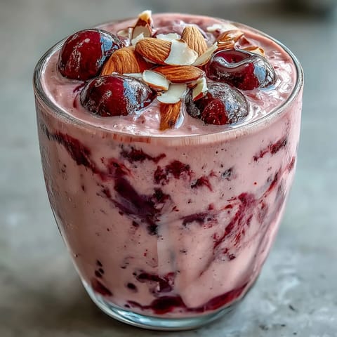 A frosty glass of Cherry Almond Smoothie with a garnish of sliced almonds and fresh cherries, perfect for a summer breakfast.