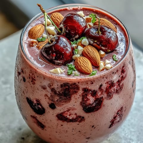 Creamy Cherry Almond Smoothie blended with frozen tart cherries and ripe banana, served in a tall glass with a straw.