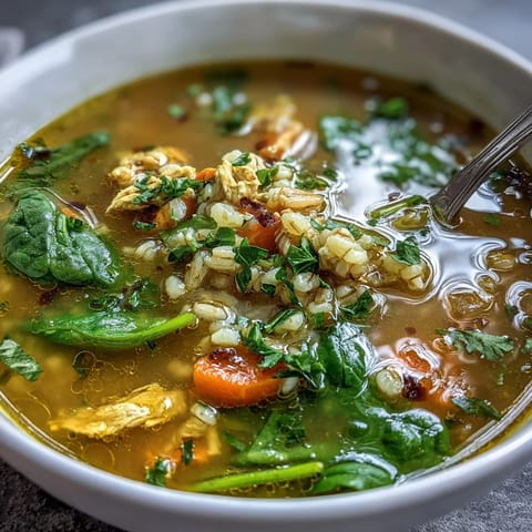 A bowl of golden Soothing Turmeric Chicken With Pearl Barley soup, with tender chicken, carrots, and fresh parsley garnish.
