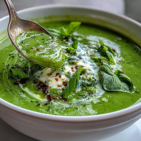 A bowl of vibrant Courgette, Pea and Pesto Soup garnished with fresh basil and a swirl of creamy pesto.