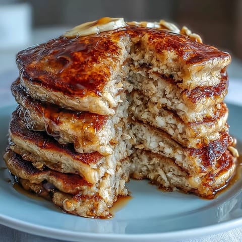 A close-up of golden Banana Oat Pancakes stacked high on a white plate, with a drizzle of maple syrup dripping down the sides and fresh banana slices on top.