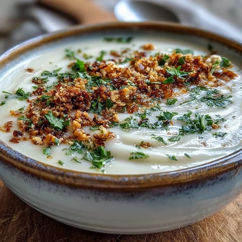 Serving suggestion for Celeriac Soup With Hazelnut Crumble, garnished with chopped hazelnuts, ready to pair with crusty bread and white wine.