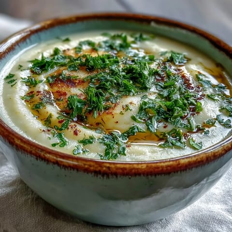 Roasted parsnip and herb soup with a golden hue, perfect alongside crusty bread for a cozy vegetarian meal.