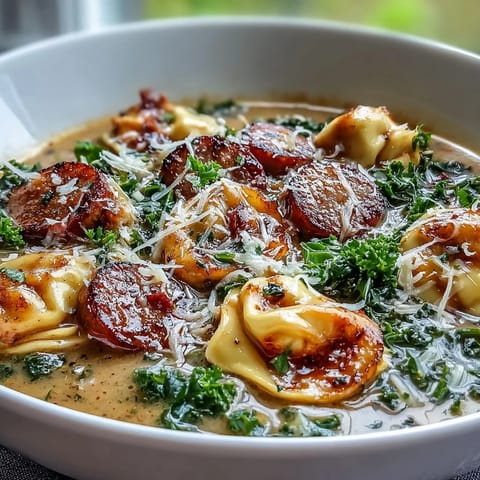 A spoon dips into rich pumpkin tortellini soup with kale and savory chicken sausage.