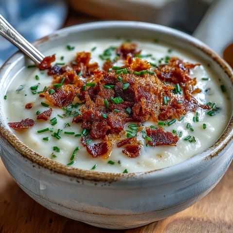 Creamy Celeriac Soup with Crispy Bacon in a white bowl, topped with golden bacon bits and a swirl of cream.