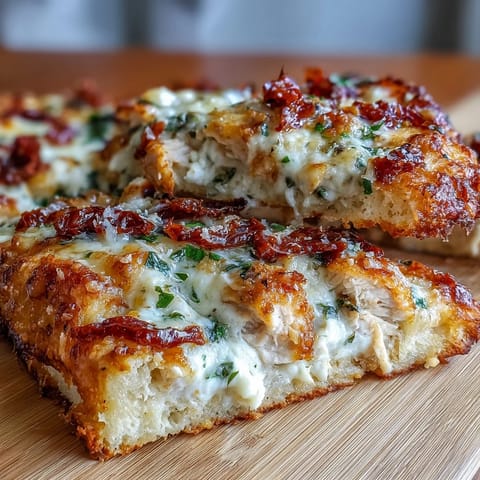 A close-up slice of Marry Me Chicken Pizza showing savory chicken, glossy sauce, and fresh basil leaves on a rustic table.
