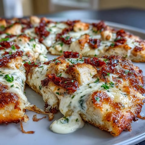 Golden, crispy Marry Me Chicken Pizza topped with creamy chicken, sun-dried tomatoes, and melted mozzarella on a white plate.