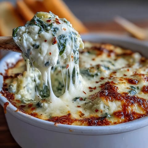 Creamy Spinach Artichoke Dip garnished with parsley, paired with crisp bread slices and vegetable sticks.