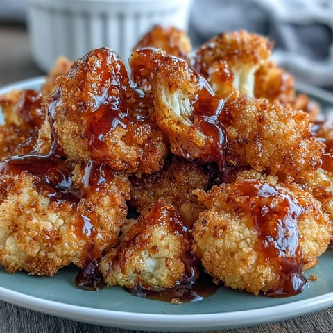 Golden-brown Crunchy Baked Hot Honey Cauliflower bites glistening with spicy glaze, served fresh on a rustic platter.