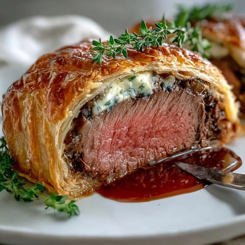 Freshly baked Beef Wellington with golden, flaky puff pastry, sliced to reveal juicy tenderloin and mushroom duxelles.