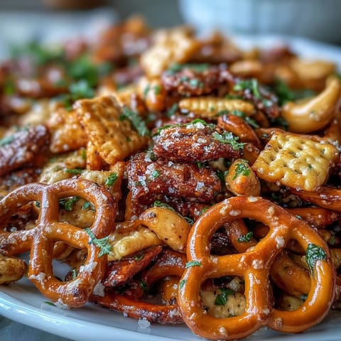 Tossed pretzels, cashews, and rye chips coated in tangy ranch and everything bagel spices, piled high on a parchment-lined baking sheet.