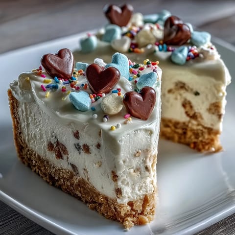 A slice of Candy Hearts Fake Cake features creamy cheesecake layers with a pastel crown of crunchy candy hearts.  
