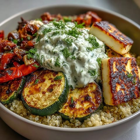 Healthy Grilled Mediterranean Bowl with charred zucchini, bell peppers, and creamy tzatziki drizzle for a fresh dinner.