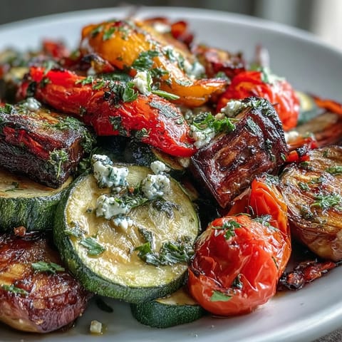 A close-up of Roasted Mediterranean Greek Vegetables with caramelized eggplant, zucchini, and peppers topped with feta and parsley.
