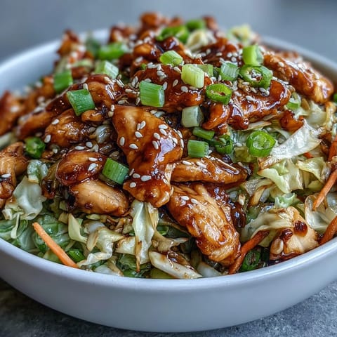 A close-up on a skillet of Egg Roll Bowls with Chicken and Cabbage showing crispy textures and chili crisp.