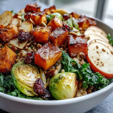 Roasted butternut squash, Brussels sprouts, and kale in a warm Fall Vegetable Bowl topped with pumpkin seeds.  
