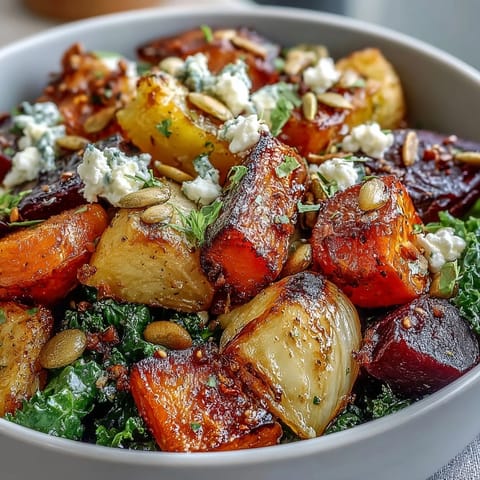 Golden roasted carrots, parsnips, sweet potato, and beet sit atop vibrant kale in this hearty Winter Root Vegetable Bowl, ready to enjoy.