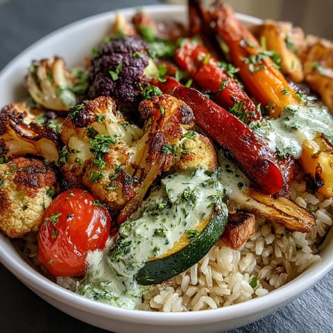 A vibrant Rainbow Roasted Vegetable Bowl with colorful roasted veggies over fluffy brown rice and herb sauce.  