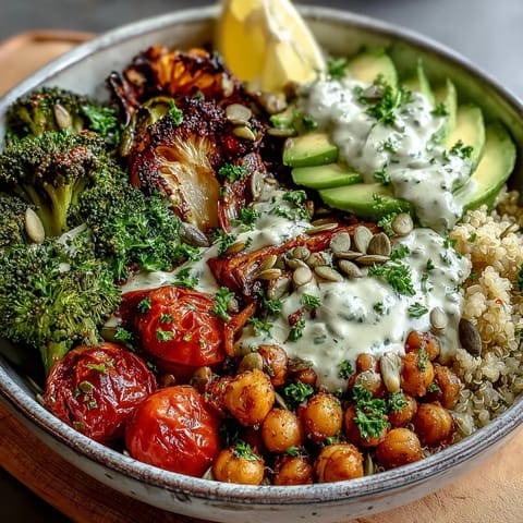Roasted seasonal vegetables and hearty legumes atop fluffy quinoa in a vibrant Vegetable and Legume Bowl, drizzled with creamy tahini dressing.