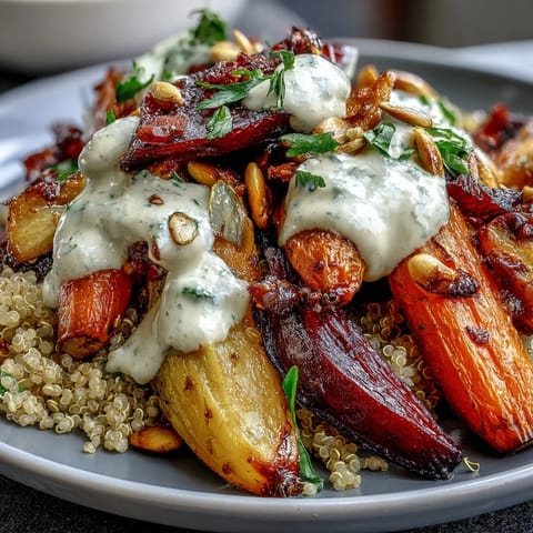 Roasted Root Vegetable Bowl served in a shallow bowl, featuring golden caramelized carrots, beets, and parsnips atop fluffy quinoa.  