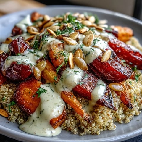 Vibrant Roasted Root Vegetable Bowl drizzled with creamy tahini sauce and garnished with fresh parsley and toasted pumpkin seeds.  