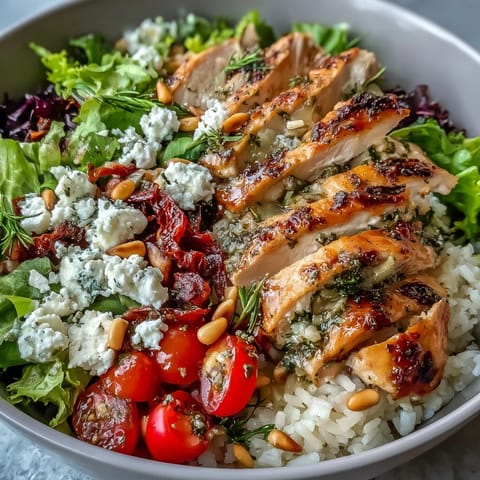 Sun-dried tomato chicken bowl with marinated chicken, fluffy rice, and fresh greens for a wholesome meal.  