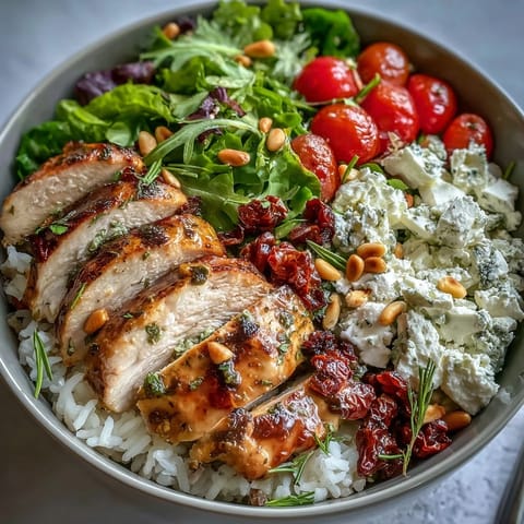 Juicy chicken marinated in sun-dried tomatoes served over rice with crisp greens and cherry tomatoes.  
