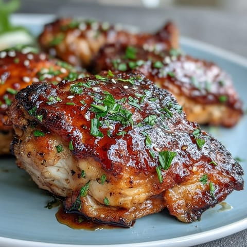 Honey garlic baked chicken thighs with a glossy, golden glaze, served hot from the oven for a comforting family dinner.  